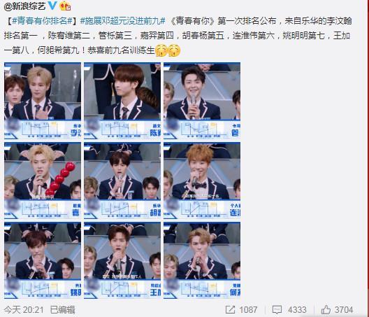 《青春有你》首次排名，李汶翰拿下了C位，他将是下一个蔡徐坤？
